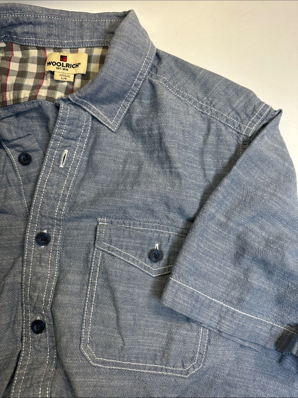 Woolrich Short Sleeve Button Up Shirt, Blue Cotton Casual Men's Large